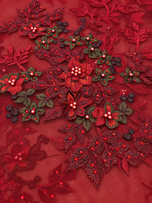 Arissa Beaded 3D Tulle Floral Fabric - Burgundy