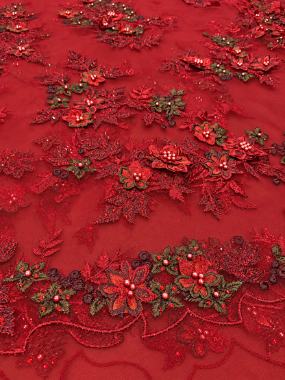 Arissa Beaded 3D Tulle Floral Fabric - Burgundy