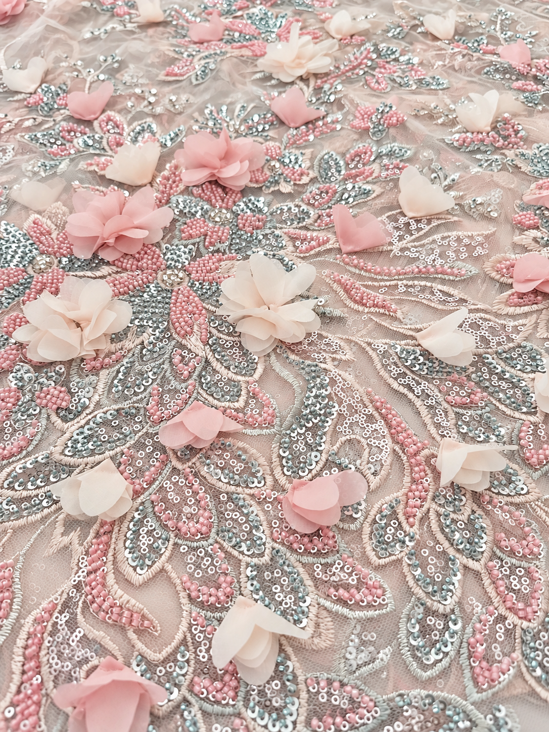 Rivia Beaded Luxury Floral 3D Fabric - Blush Pink