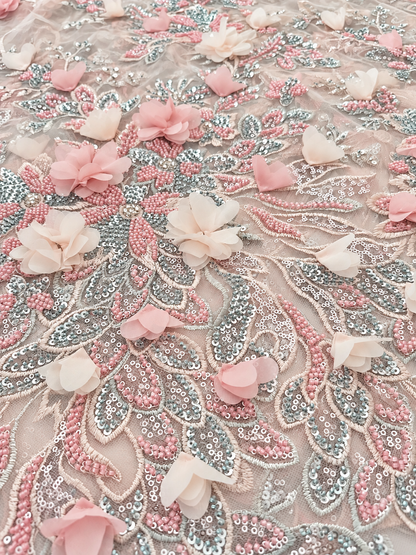 Rivia Beaded Luxury Floral 3D Fabric - Blush Pink