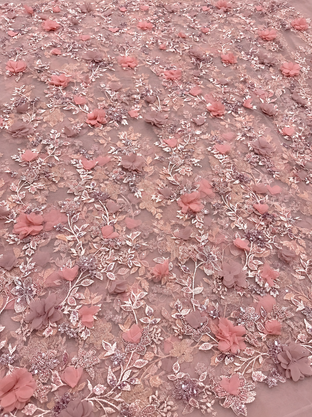 Dillion Quality Floral Beaded 3D Fabric - Blush Pink