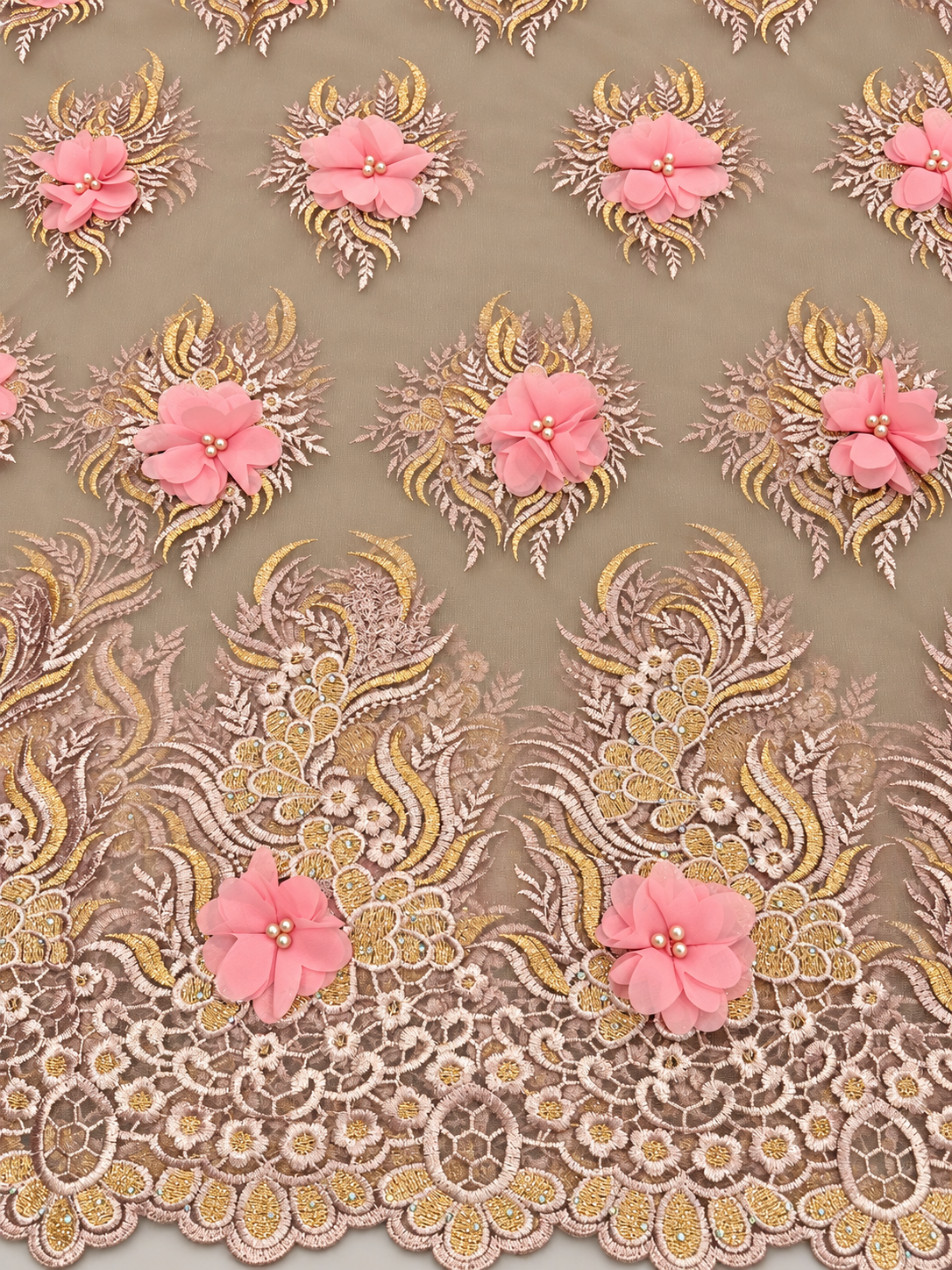 Filex Beaded 3D Tulle Floral Fabric - Blush/Pink