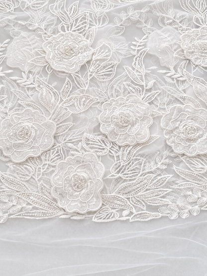 Rixo 3D Sequin Beaded Quality Floral Fabric - White