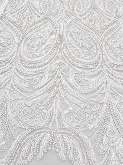 Erse Sequin Beaded Quality Fabric - White