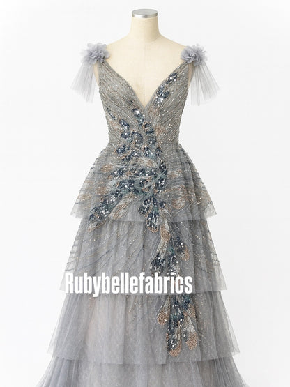 Luxury Feather Pattern Sequin Beaded Lace Fabric
