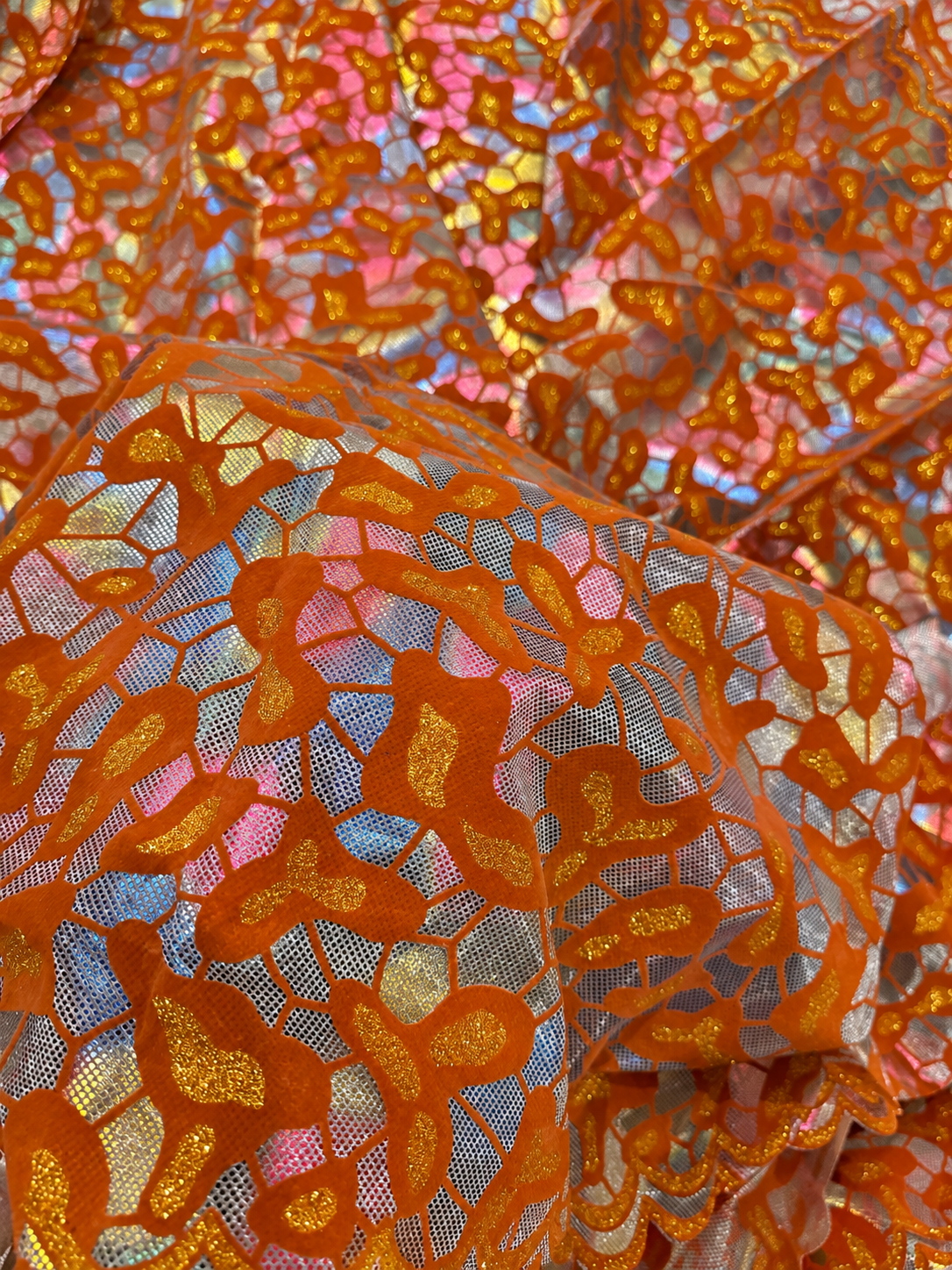 Burnt Orange Iridescent Embroidered Light Brocade Fabric