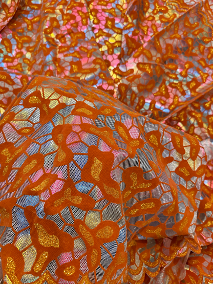 Burnt Orange Iridescent Embroidered Light Brocade Fabric