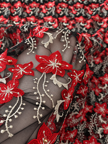 Robel Beaded Tulle Floral Fabric - Red/Black/Beige