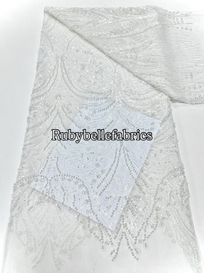White Beaded Sequin Lace Fabric – Bridal Wedding Dress Lace, Luxury Embroidered Tulle