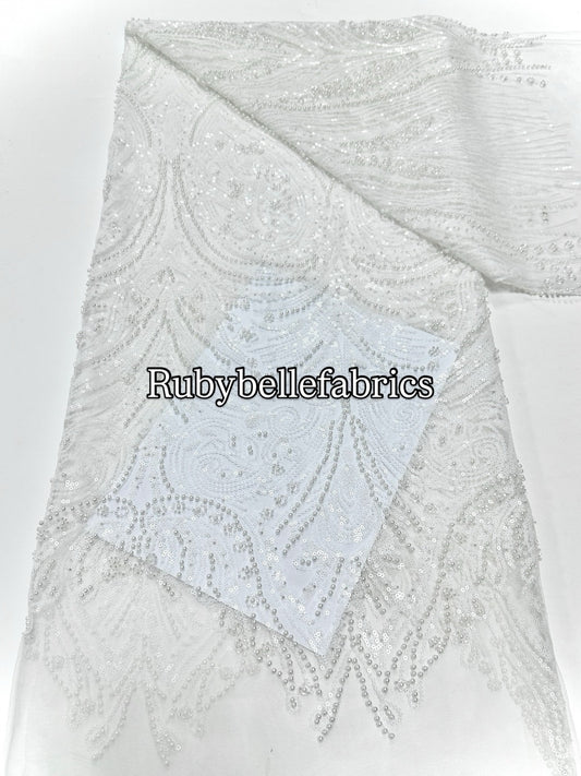 White Beaded Sequin Lace Fabric – Bridal Wedding Dress Lace, Luxury Embroidered Tulle