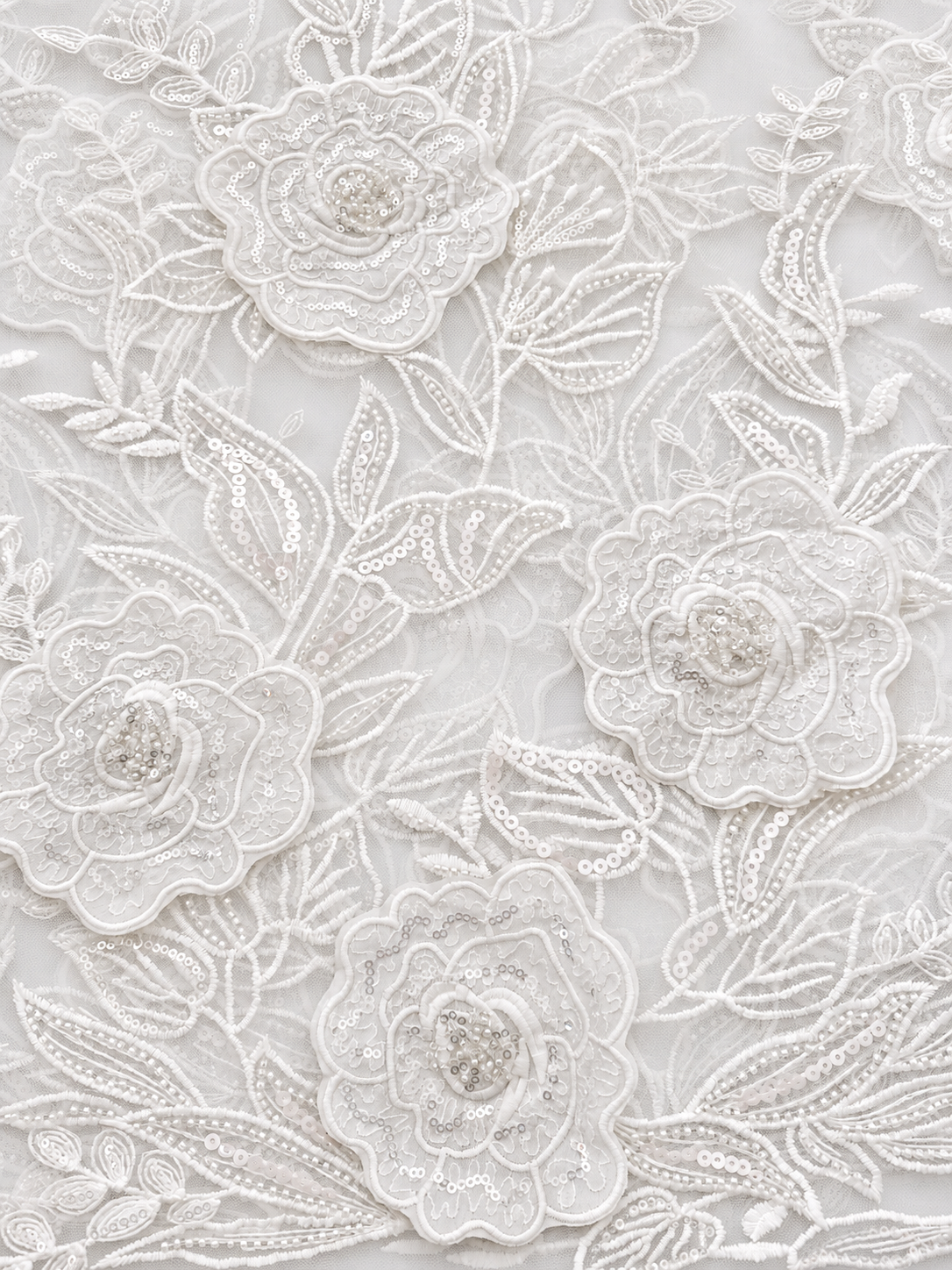 Rixo 3D Sequin Beaded Quality Floral Fabric - White
