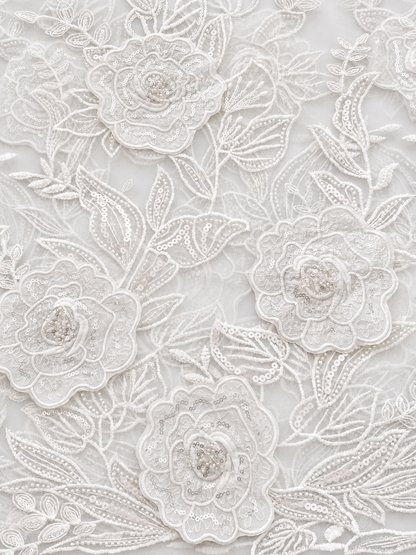 Rixo 3D Sequin Beaded Quality Floral Fabric - White