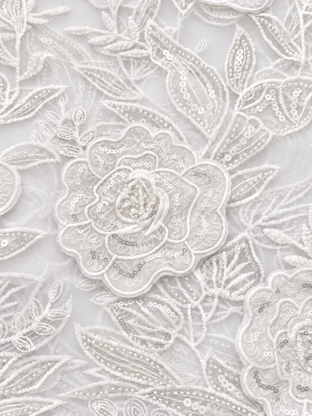 Rixo 3D Sequin Beaded Quality Floral Fabric - White