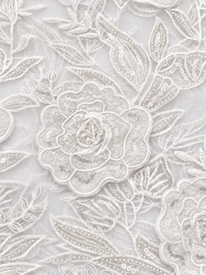 Rixo 3D Sequin Beaded Quality Floral Fabric - White