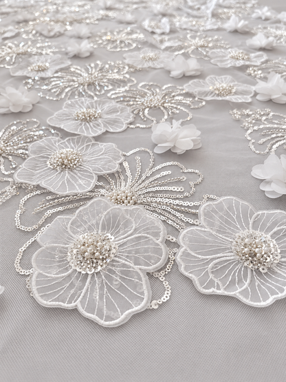 Nilox 3D Sequin Beaded Quality Floral Fabric - White