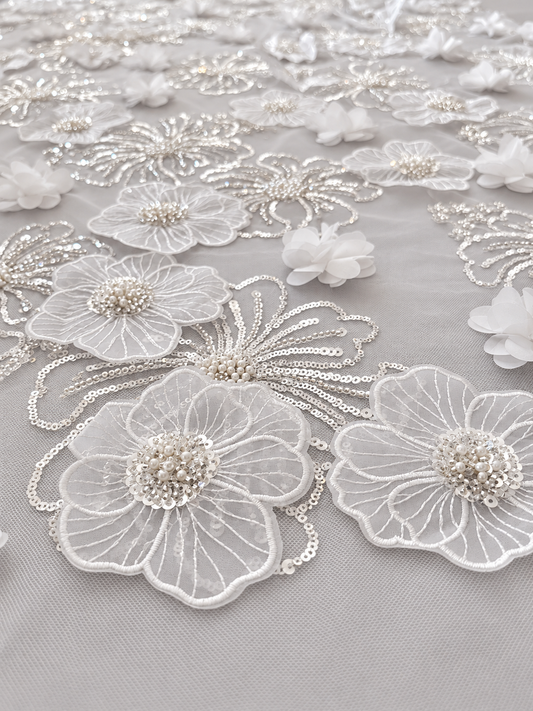 Nilox 3D Sequin Beaded Quality Floral Fabric - White