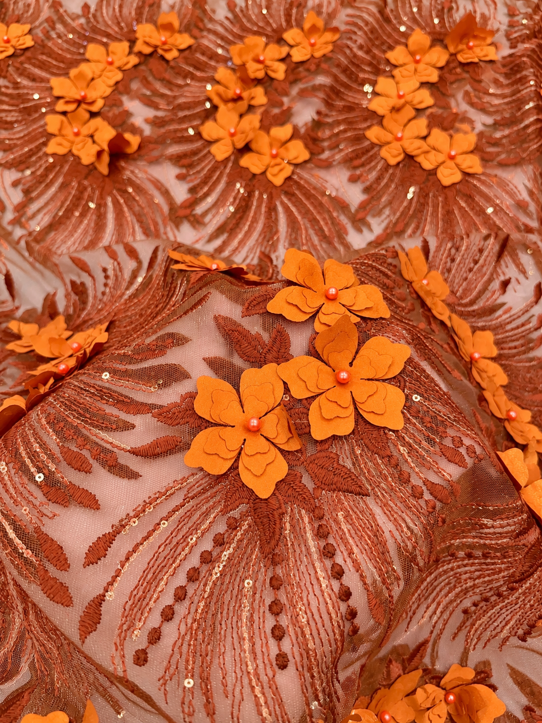 Ility 3D Floral Tulle Fabric - Burnt Orange