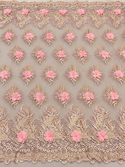 Filex Beaded 3D Tulle Floral Fabric - Blush/Pink