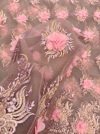 Filex Beaded 3D Tulle Floral Fabric - Blush/Pink
