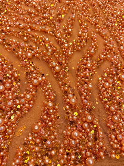 Ebra Pearls Beads Lace Fabric - Orange
