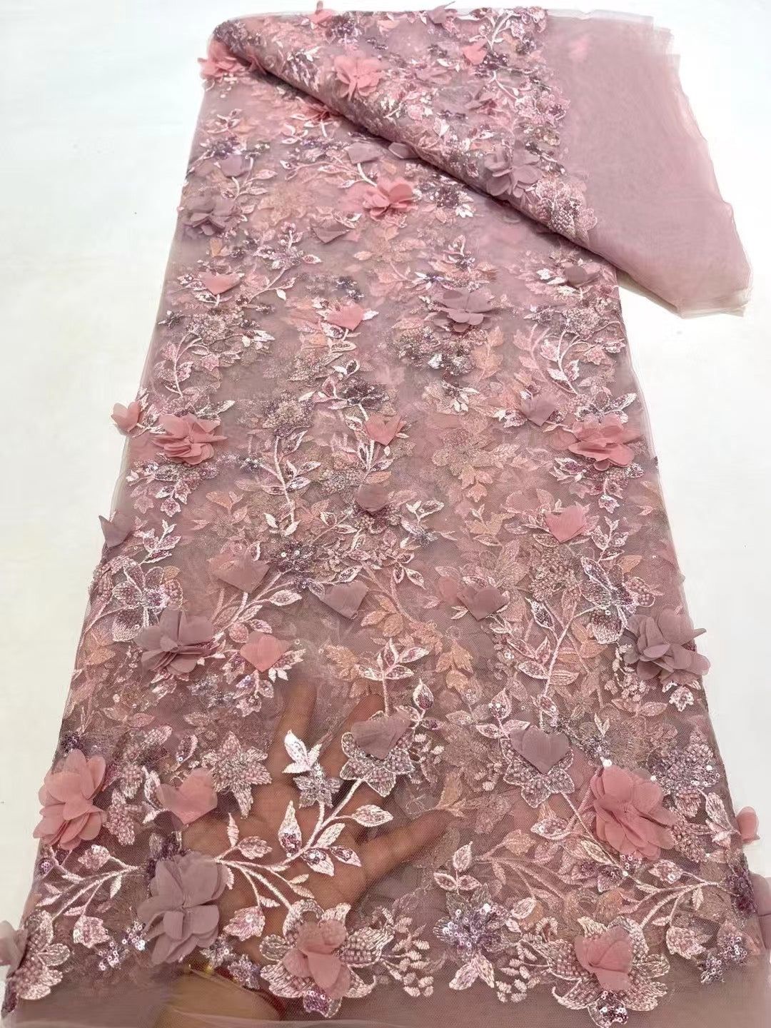 Dillion Quality Floral Beaded 3D Fabric - Blush Pink