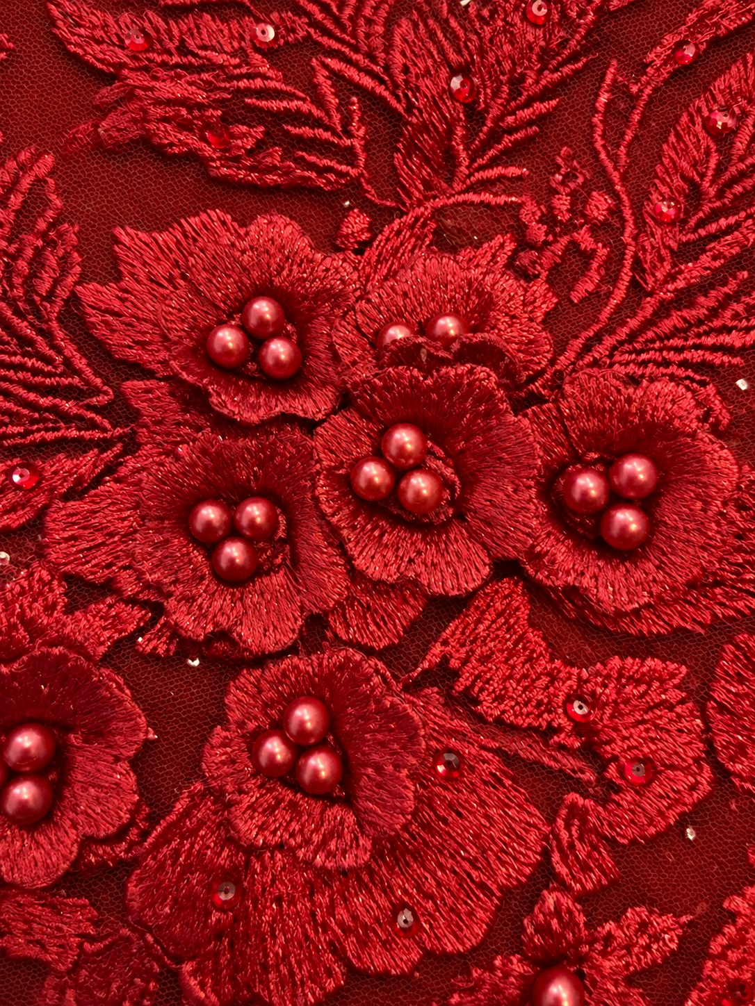 Obel Beaded 3D Tulle Floral Fabric - Burgundy