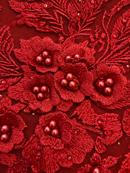 Obel Beaded 3D Tulle Floral Fabric - Burgundy