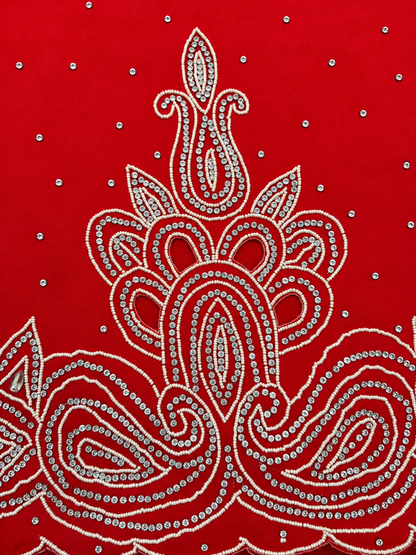 6.5 Yards Red Taffeta Tulle Fabric with Embellishments
