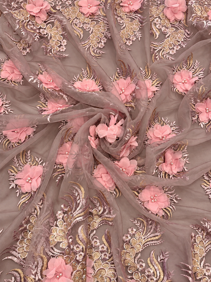 Filex Beaded 3D Tulle Floral Fabric - Blush/Pink