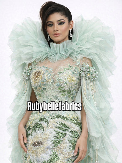 Enat Beaded Petal Sequin Lace Fabric