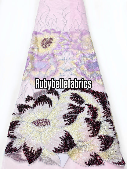 Enat Beaded Petal Sequin Lace Fabric