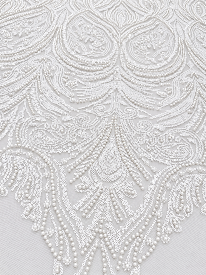Erse Sequin Beaded Quality Fabric - White
