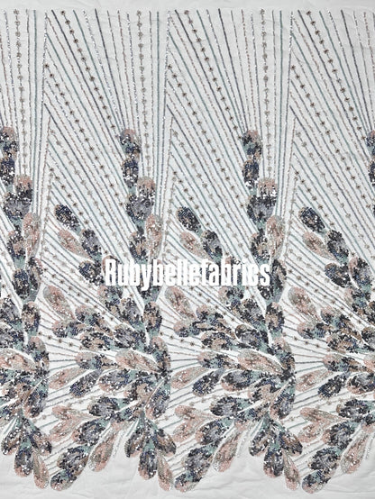 Luxury Feather Pattern Sequin Beaded Lace Fabric