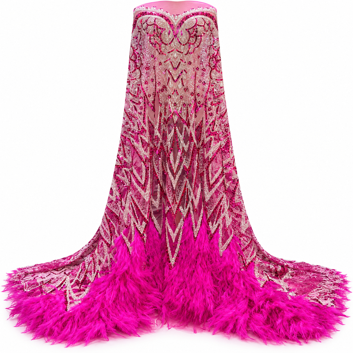 Regal Luxury Feather Beaded Sequin Fabric - Fuchsia Pink