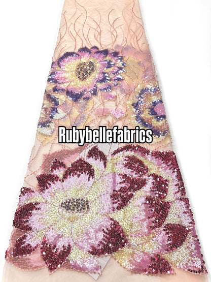 Enat Beaded Petal Sequin Lace Fabric