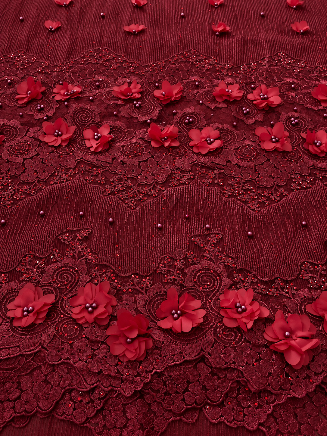 Iola Beaded 3D Tulle Floral Fabric - Burgundy