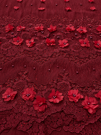 Iola Beaded 3D Tulle Floral Fabric - Burgundy
