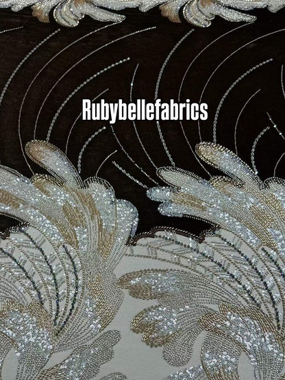 Ganic Luxury Floral Beaded Tulle Velvet Fabric