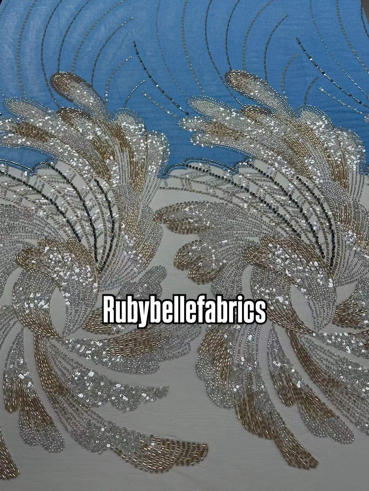 Ganic Luxury Floral Beaded Tulle Velvet Fabric