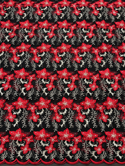 Robel Beaded Tulle Floral Fabric - Red/Black/Beige
