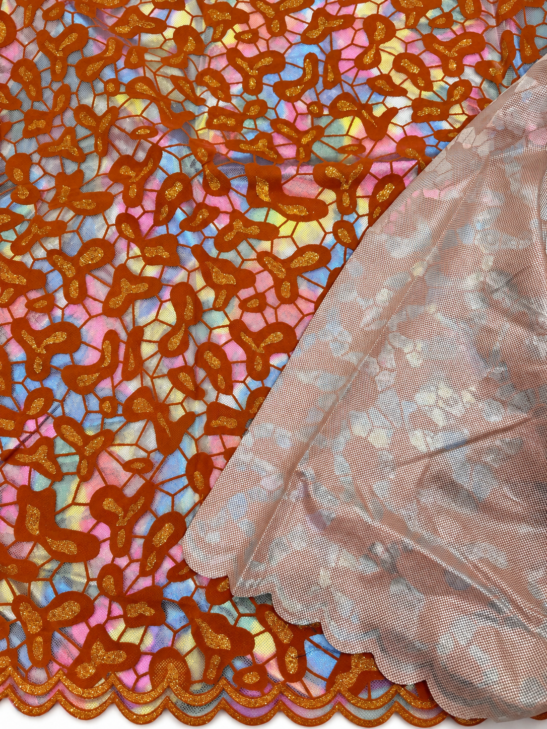 Burnt Orange Iridescent Embroidered Light Brocade Fabric