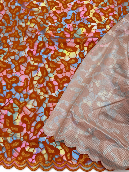 Burnt Orange Iridescent Embroidered Light Brocade Fabric