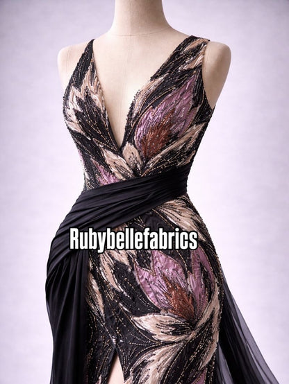 Estic swirling leaf motif couture fabric