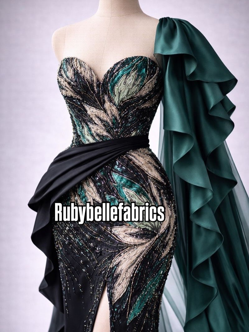 Estic swirling leaf motif couture fabric