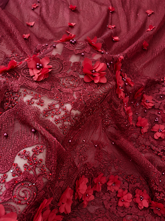 Iola Beaded 3D Tulle Floral Fabric - Burgundy