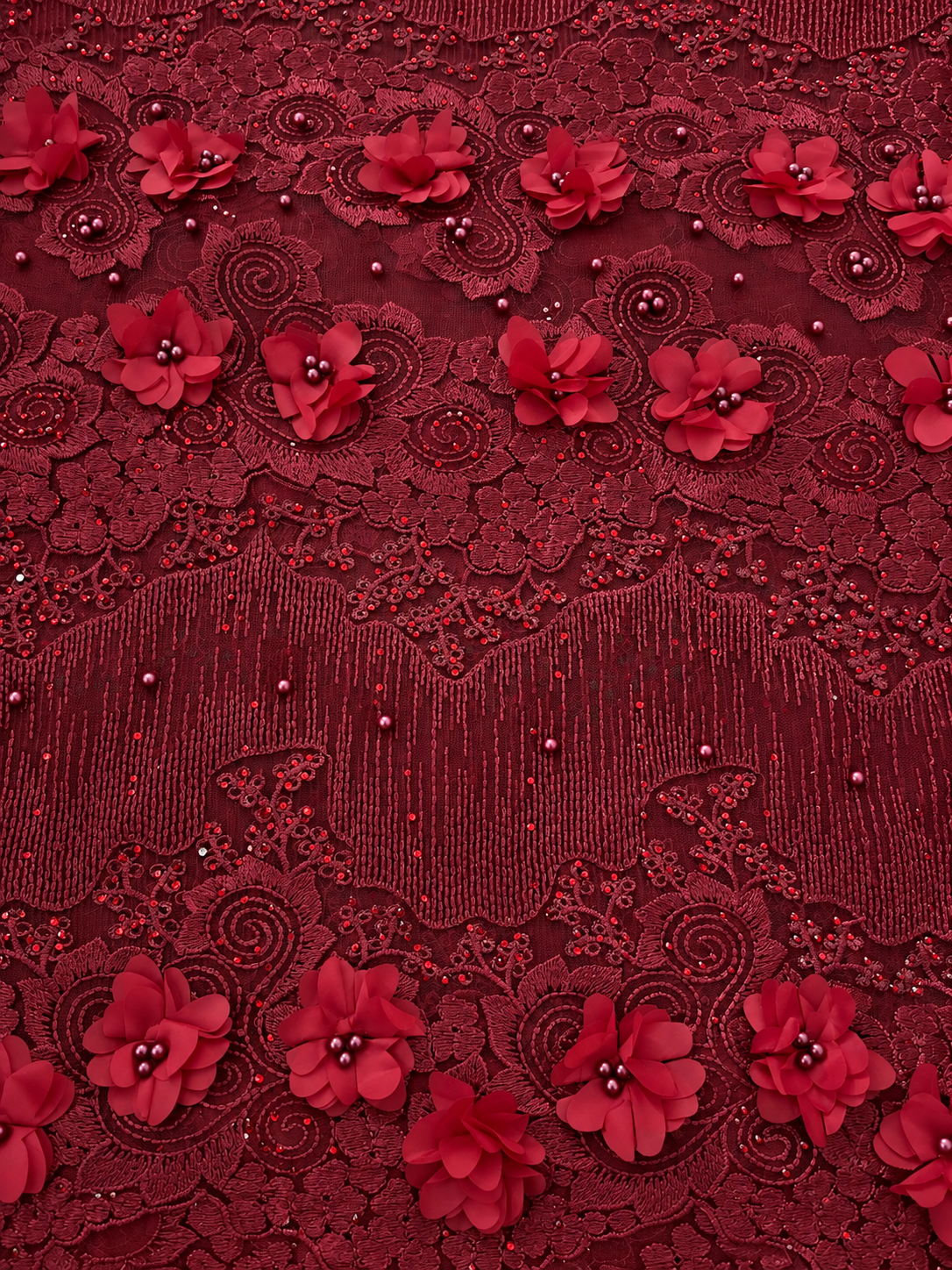 Iola Beaded 3D Tulle Floral Fabric - Burgundy