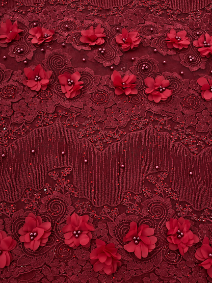 Iola Beaded 3D Tulle Floral Fabric - Burgundy