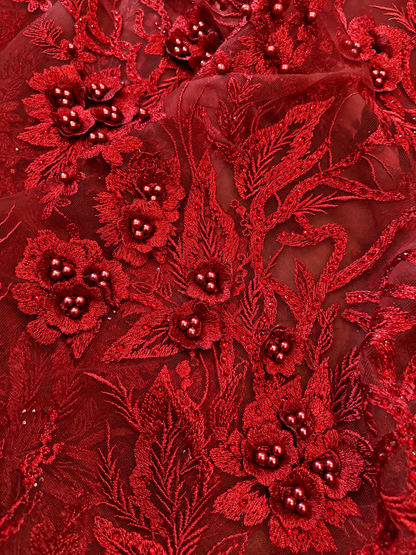 Obel Beaded 3D Tulle Floral Fabric - Burgundy