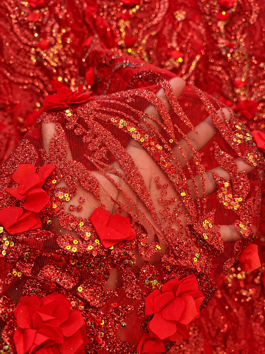 Aton 3D Glitter Sequin Fabric - Red