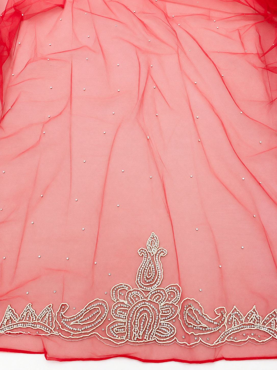 6.5 Yards Red Taffeta Tulle Fabric with Embellishments